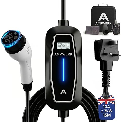 EV Charger Type 2 to 3 Pin Plug 15M | Ampwerk® 2.3kW 10A Portable EV Charger Cable IP65 | 8-Hour Timer & Safety Protection | Carry Bag Included | Designed by Ampwerk® in the UK