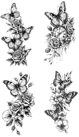 4pcs Waterproof Temporary Tattoo Sticker Black Butterfly Clock Rose Lily Peony Flower Body