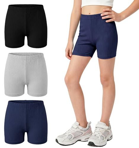 Hoseay Pantalones Cortos Ciclismo Niña Algodón Lote de 3 Leggings 5-16 Años | Cintura Elástica, Transpirable Diseño Acanalado Shorts, Pantalones Cortos Deportivos, Short para Infantil, Bailar Gimnasia