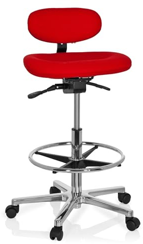 hjh OFFICE 608330 Arbetsstol arbetspall WORK MF - Röd, Ryggstöd med justerbar höjd och fritt spelrum för armarna, Ringfotstöd med justerbar höjd, Stoppad skålad sits som kan lutas