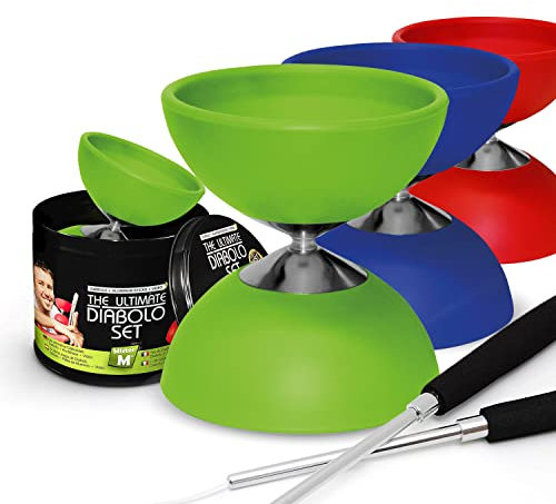 Mister M | Einsteigerfreundliches Diabolo-Jonglierset | Diabolo Mehrfarbig getarnt mit Fester Achse | Aluminiumstäbe | Profi Diabolo Set with Kugellager and Leuchtend Options for Kids 6+