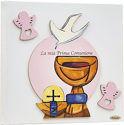 Fabula Prima Comunione - Album Fotografico Formato 20x17 Calice Rosa - Copertina Rigida 250 Bianco con Applicazioni in Legno - cod. 160044