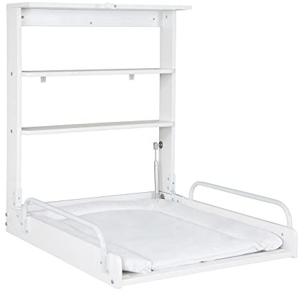 roba Table à Langer Murale Pliante en Bois Laqué Blanc avec Matelas de Change - 2 Étagères Pratiques - peu Encombrante - Supporte Jusqu'à 15 kg