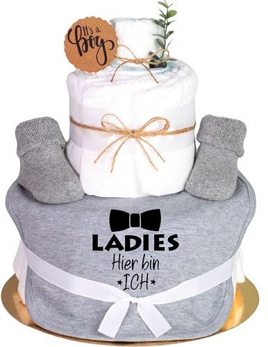 Trend Mama Windeltorte grau Junge Lätzchen Babysocken Ladies Hier bin ich, Grau Meliert, Einheitsgröße