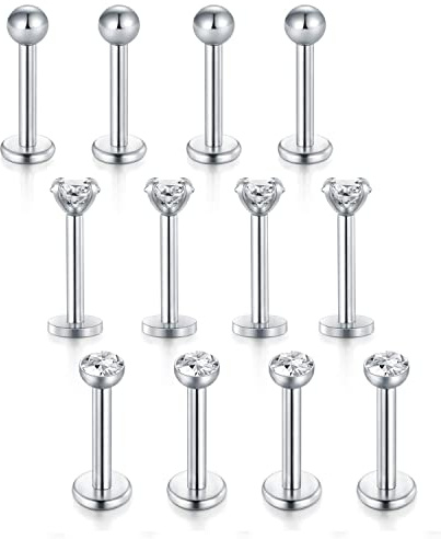 Vcmart 12 Pezzi Labbro Labret Argento Set 16 Gauge Acciaio Chirurgico Monroe Tragus Cartilage Piercing Gioielli