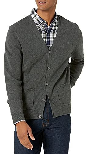 Amazon Essentials Men's V-Neck Cotton Knitted Cardigan Sweater, Ribbed, Charcoal Heather, Small