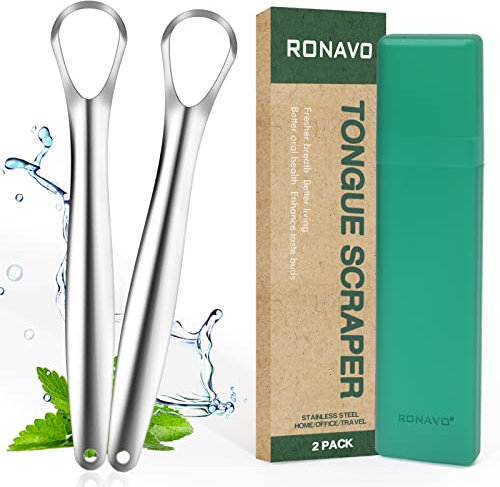 RONAVO - Raschietto pulisci lingua, in acciaio inox, per alitosi, per adulti, pulizia della lingua in pochi secondi, confezione da 2