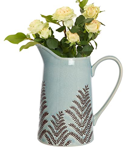 Blue Ceramic Pitcher Jug Display Vase with Embossed Fern Leaf Design | Ceramic Vase, Pitcher Jug, Jug Vase, Ceramic Jug, Centrepiece, Flower Vase, Flower Jug, Blue, Glazed, Embossed