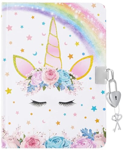 WERNNSAI Einhorn Tagebuch für Mädchen - Glitzer Notizbuch Geschenk für Kinder Reisen Private Journale Hardcover Schule Hefte A5 Liniert Memos Schreiben Zeichnen Notizblock mit Schloss und Schlüsseln