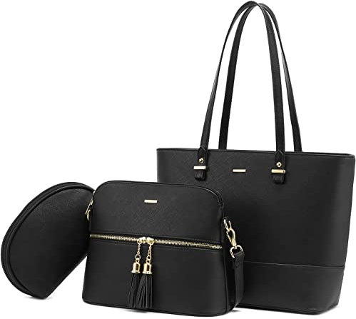 LOVEVOOK Handtasche Damen Shopper Schultertasche Umhängetasche Groß für Büro Einkauf Reise - 3-teiliges Set, Schwarz