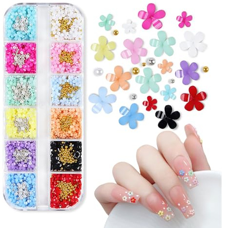 Breloques à ongles en forme de fleur 3D à changement de lumière - 12 grilles en résine acrylique - Fleurs de cerisier - Strass avec perles dorées et argentées - Décorations pour ongles en gel