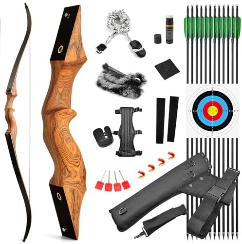 SHARROW 60 Zoll Bogenschießen Takedown Recurve Bogen und Pfeile Set Traditioneller Jagdbogen Erwachsener Holz Bogen Griff 20-60lbs Longbogen für Rechtshand Bogensport (45lbs, Gelb Set)