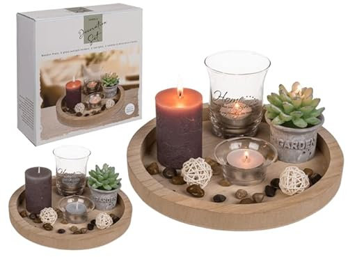 Seaside No.64 - Runder Dekoteller aus Holz mit Dekomaterial - Teelichter, Kerzen, Windlichter, Dekosteine - Für Dekorations-Muffel oder als Geschenkartikel