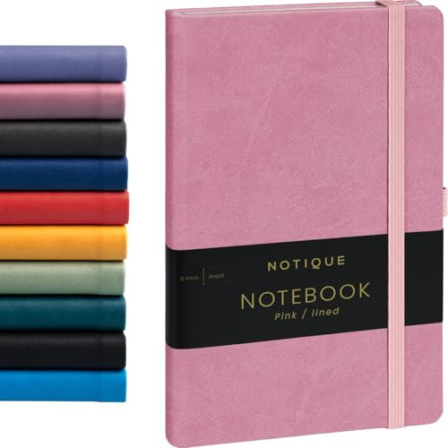 NOTIQUE Notizbuch Liniert, Hardcover Notizbuch, Notizheft, Journal, Tagebuch mit Gummiband und Stifthalter 13x21cm, 192 Seiten (Rosa, Liniert)