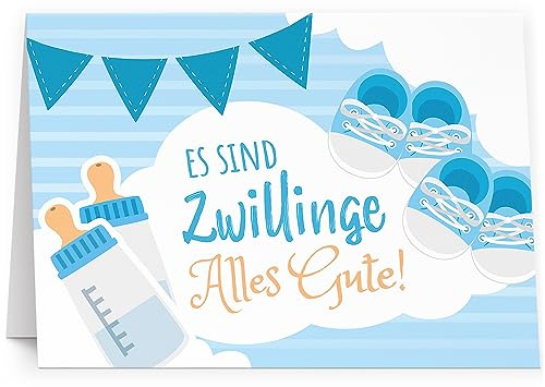 XXL Glückwunschkarte Zwillinge Junge Jungs Alles blau (A4) zur Geburt hochwertige Klappkarte | Große Design Maxi Karte Grußkarte Glückwunsch mit Umschlag Zwilling
