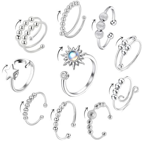 Uirheurd Anelli Antistress 10 Pcs, Regolabile Impilabili Girevole, Vari Stili Sloffy per Donna Uomo Gioielli Regalo
