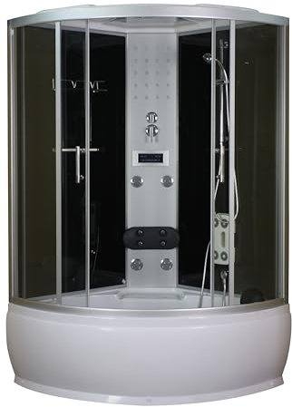 SANOTECHNIK Cabina de ducha completa SALSA 120 × 120 × 227 cm – All?In?One ducha de vapor | vidrio templado de 5 mm | 4 chorros de masaje + 4 chorros traseros, cabezal y ducha de mano con LED, radio