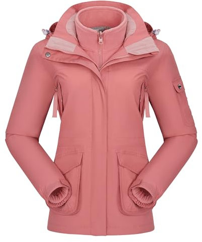 OutPro Damen 3-in-1-Skijacke wasserdicht winddicht Winterjacke Outdoor Wandern mit Fleece gefüttert doppellagige abnehmbare Kapuzen-Funktionsjacke,Rosa,XXL