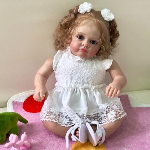 YIHANGG Realistisch Blondes Haar Kleinkind Puppe 60cm Körper aus Stoff Reborn Baby Puppe 24Zoll Neugeborenes Mädchen mit Weißem Kleid Kinder Geburtstag Xmas Geschenk