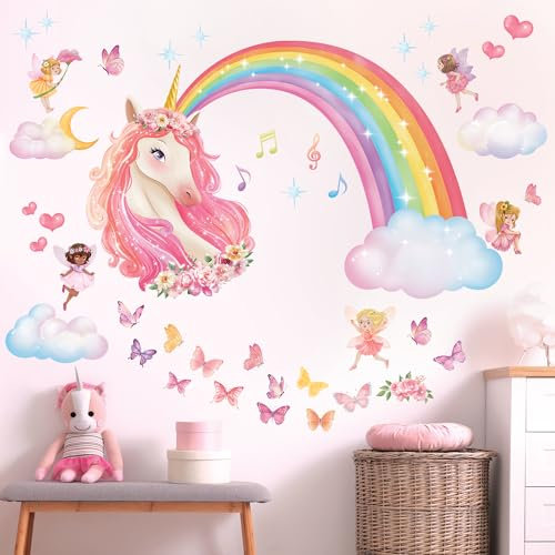 DECOWALL SG2-2321 Stickers muraux licorne arc-en-ciel enfants decoration chambre fille deco bebe autocollant mural etoile poster princesse tableau