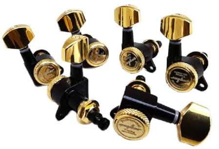 Guyker Gitarren-Saitenhalter (6 für rechts) - 1:18 Lock String Tuning Key Pegs Maschinenkopfersatz für ST TL SG LP Style E-Gitarre, Folk oder Akustikgitarren - Gold+Schwarz