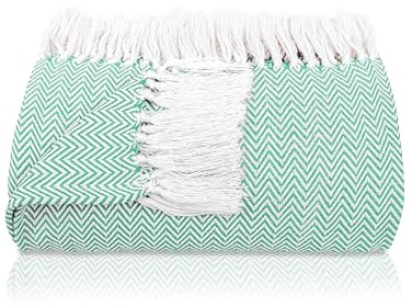 Gräfenstayn Premium Tagesdecke mit Fransen - 100% Baumwolle - 180 x 240 cm - Fischgrätenmuster Sommerdecke - Baumwolldecke als Bett-Überwurf, Couch-Überwurf, Sofa-Decke (Mint)