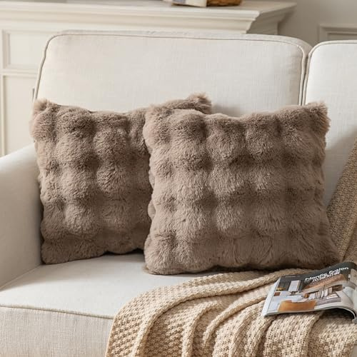 Joyouth Pack of 2 Thick Plush Throw Pillow Covers Fluffy Wave Faux Fur Decorative Cushion Covers Soft Wool Pillowcase for Sofa Couch Livingroom 16x16 Inch Taupe