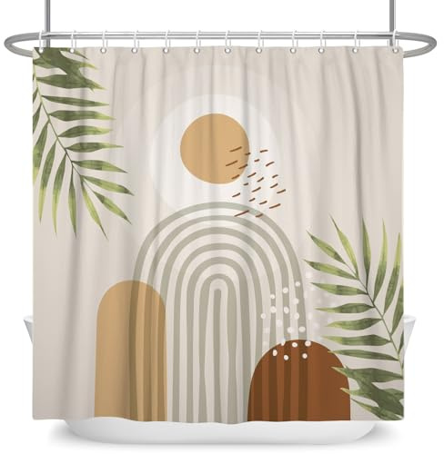 ASDCXZ Boho Duschvorhang 180x180 cm, Modern Abstrakt Braun Sonne Grün Blätter Beige Weiß Waschbar Duschvorhänge Polyester Textil Wasserdicht Anti-Schimmel Duschvorhang für Badewanne mit 12 Haken