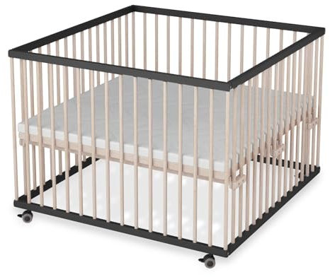 Sämann Laufstall Baby mit Matratze, Schlupfsprossen & Lattenrost | stufenlos höhenverstellbar | Laufgitter Premium | Babybett aus Holz | Krabbelgitter (schwarz/natur, 100x100 cm)