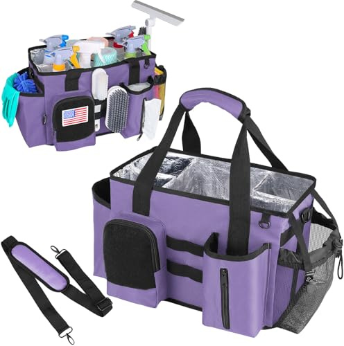 Timoxi Wearable Cleaning Caddy Bag, Cleaning Organizer with Handles, Cleaning Supply Tote with Adjustable Shoulder Strap for Cleaners & Housekeeper (Purple, 13.4'' x 7.3'' x 9.3'')