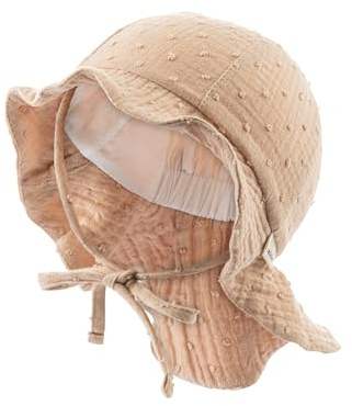 Sterntaler Sonnenhut Punkte - Mädchen Sommerhut aus Musselin - UV-Schutz 50+ Sonnenhut - mit Nackenschutz - zum Binden - Futter aus Batist - Baby und Kinder Kopfbedeckung - beige, Größe 43