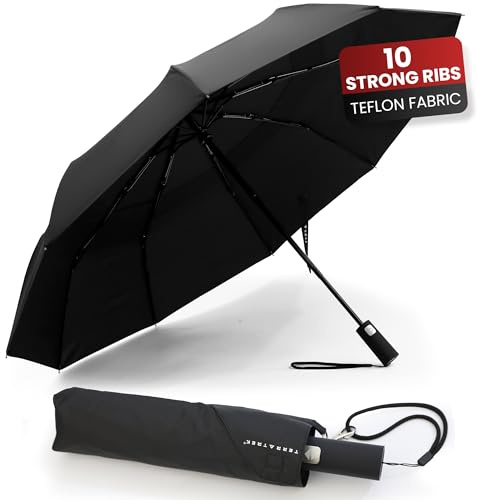 TERRATREK Windproof Umbrella: Strong Fibreglass, Compact Auto Open/Close, Premium Teflon Large Double Canopy, Durable & Wind Resistant – Portable for Car & Backpack, Men & Women, UK Design