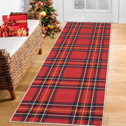 CAROMIO Weihnachtsteppich für den Flur, rutschfest Waschbar Weihnachtsmann Willkommens Teppich für Eingangsbereich Küche Wäscherei Weihnachtsdekoration Winterferien Karomuster, 60 x 180 cm