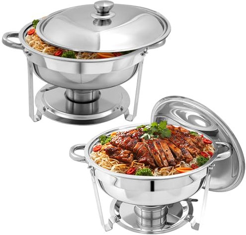Chafing Dish Buffet Set, 2 Pack 4.5L Stainless Steel Round Food Warmers Chafers with Full Size Food Pans Fuel Holders Lids Sturdy Frames for Catering Parties Buffets Banquets Dinners