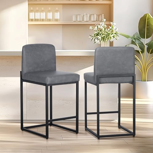 ALPHA HOME Schminkhocker, Schminktisch Hocker, 2 Barhocker Tresenhocker, Bürohocker, Küchenstühle mit Rückenlehne und Fußstütze, Robuster Metallrahmen, Moderne Bistrohocker Frühstückshocker, Gray
