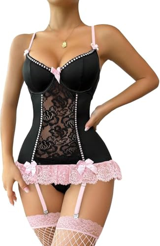 BEINF Completo Intimo Donna Set di Lingerie Donna Sexy Floreale Pizzo Body con Giarrettiera V Neck Bow Front Babydoll Underwire con Calze 3 Pezzi Nero-Rosa L