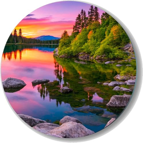 UVTECHPRINT Glasbild Wandbild Heimdekoration rund See Landschaft Sonnenuntergang 80x80 cm Wohnzimmer Kunstdruck Bilder auf Glas