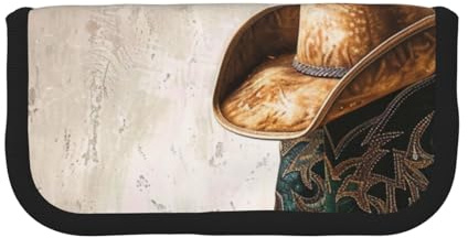 LRHCNZDCP Federmäppchen mit Cowboyhut und Stiefeln, bedrucktes Federmäppchen, Segeltuch, Make-up-Tasche, Gadget, Stiftebox mit Reißverschluss, Schwarz , Einheitsgröße, Schulranzen