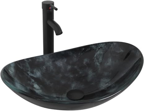 YU YUSING Ensemble Complet- Lavabo Vasque à Poser Ovale en Verre avec Ensemble de Robinets, Lave-Mains, pour Salle de Bain, Cuisine, WC d'invités, Gris Foncé Moderne, 53 x 35 x 15.5 cm