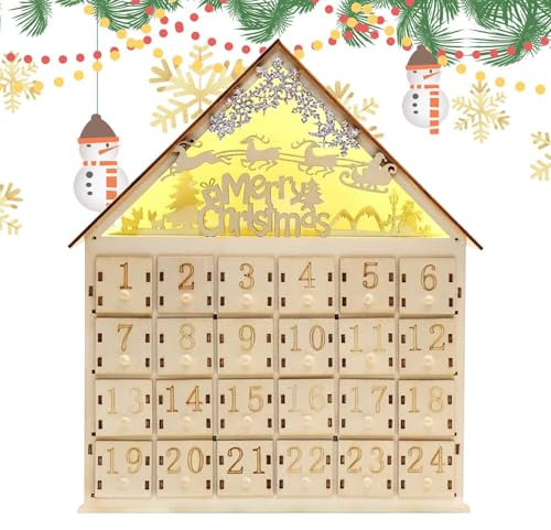 Calendrier de l'Avent en bois avec lumières LED, Calendrier de l'Avent en bois avec 24 tiroirs, Calendrier de l'Avent à remplir soi-même pour enfant, Cadeaux de vacances - Décorations de Noël