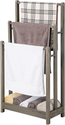 FANTASK Porte-Serviettes sur Pied avec 3 Porte-Serviettes, Porte-Serviettes en Bois avec étagère inférieure et Protection Anti-basculement, Porte-Serviettes Marron pour Salle de Bain, Gris