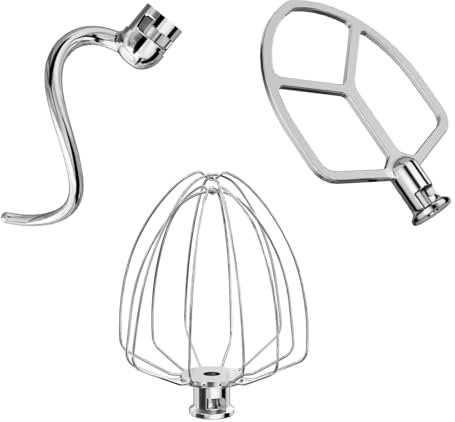LETOMS Lot de 3 accessoires en acier inoxydable pour mixeur KitchenAid de 5,5 à 6 QT et bol mélangeur, comprend un fouet métallique, un batteur plat, un crochet pétrisseur, passe au lave-vaisselle et