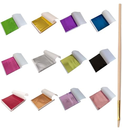 Gold Leaf Sheets 120 Sheets 12 Colors Gold Foil Sheets 8×8.5cm Multipurpose Silver Foil Exquisite Colored Foil Adhesive with Brush for Art DIY Nails Multiple Art Decoration