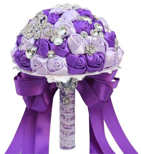 Wjnvfioo Ramo de novia con mango de encaje vintage, accesorios de boda, ramo de boda con cristales, color lila y morado