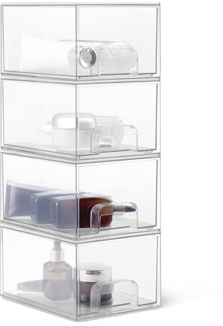 Amazon Basics Stackable Plastic Storage Drawers Make Up Organizer, Clear Transparent Cosmetic Holder, 19.1 x 15.2 x 11.4 cm, 4 Pack