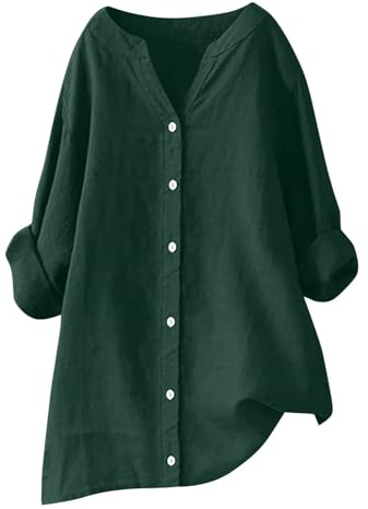 Hauts à manches longues pour femmes, chemisiers décontractés et élégants d'été en coton et lin, chemisiers à col en V avec boutons, manches retroussables, amples et décontractés, tee-shirts oversize