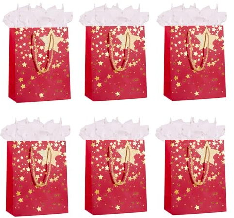 Mittelgroße Geschenktüten für Geschenk, Papiertüte mit Griffen, Seidenpapier, Geschenkanhänger für Männer und Frauen, Geburtstag, Hochzeit, Party, Weihnachten, Vatertag und jeden Anlass (rot)