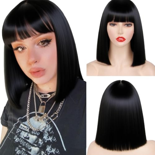 Perruque Courte Bob Droite avec Frange pour Femme,Cheveux Synthétiques Perruques,Bob Perruque Femme pour Cosplay,Fête,Halloween,Quotidienne(Noir)