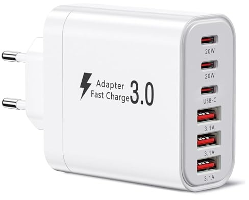 Chargeur USB C, Chargeur multiport avec 3xUSB-C et 3xUSB-A, Chargeur Rapide 52W à 6 Ports, Adaptateur PD 3.0 USB Power Compatible avec iPhone 16/15/14/13/12/11/iPad/Galaxy S21/S22/S23/S24