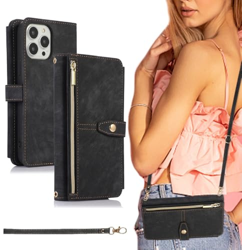 XFSRG Cordini per Cellulare Cover per Smartphone con Cordoncino Portafoglio con Cerniera Laccio per Cellulare da Collo Donna (Nero, 16PM)